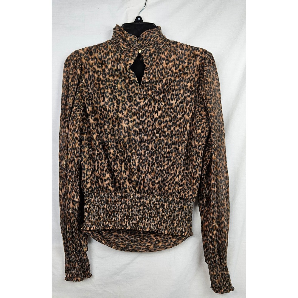Bailey 44 Leopard Print Metallic Plisse Mock Neck Smocked Top Brown Med‎ Chic - Picture 2 of 8